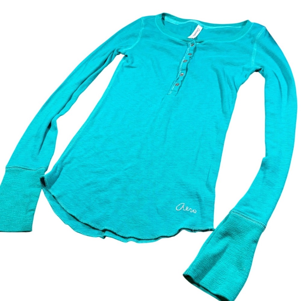 Y2K Aero Teal Ribbed Henley Long Sleeve Shirt Small Sparkle Aero